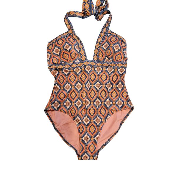 Boden Ithaca Halter Swimsuit Swim One Piece Women 10 NEW orange blue - Picture 1 of 4